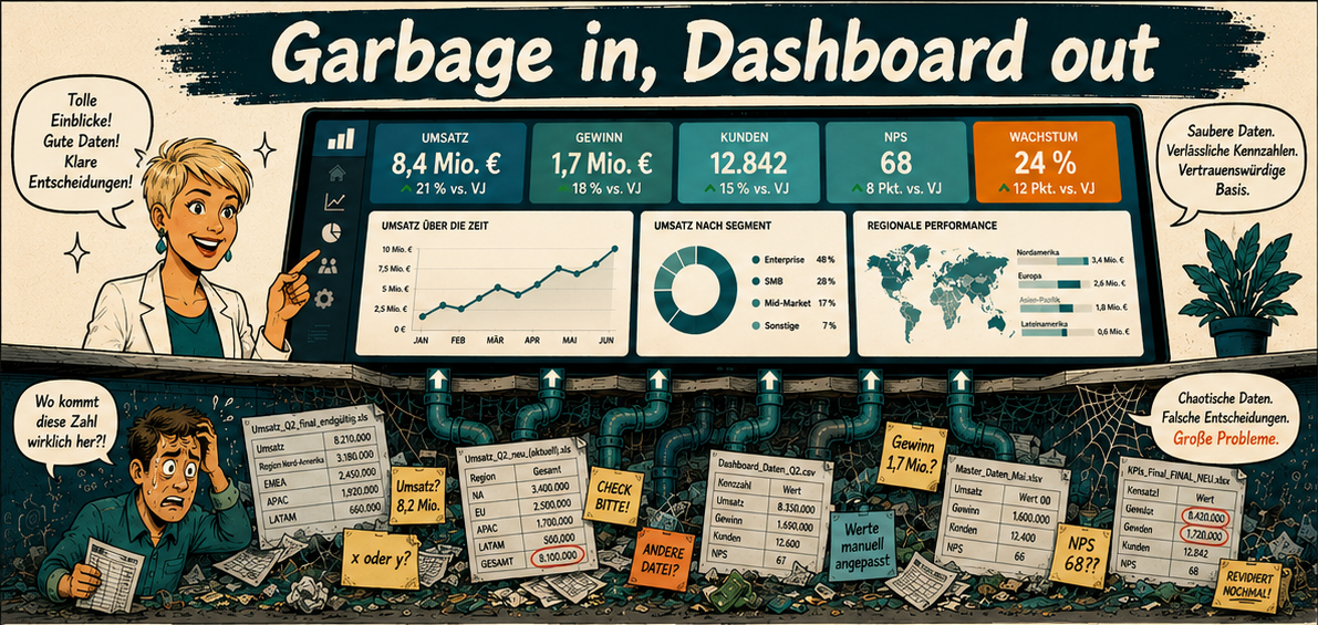 Illustration zum Artikel „Warum kein Tool Ihr Reporting rettet, wenn die Datenbasis lügt“